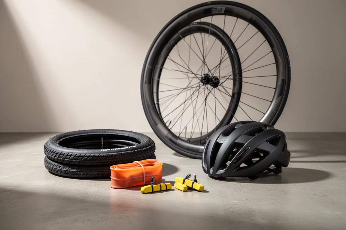 Upgrade-onderdelen voor een racefiets, waaronder een band, binnenband, helm en carbon wiel op beton