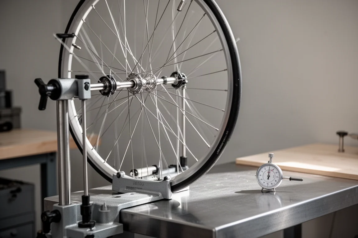 Roue de vélo montée dans un support de dévoilage sur un établi, sous une lumière douce