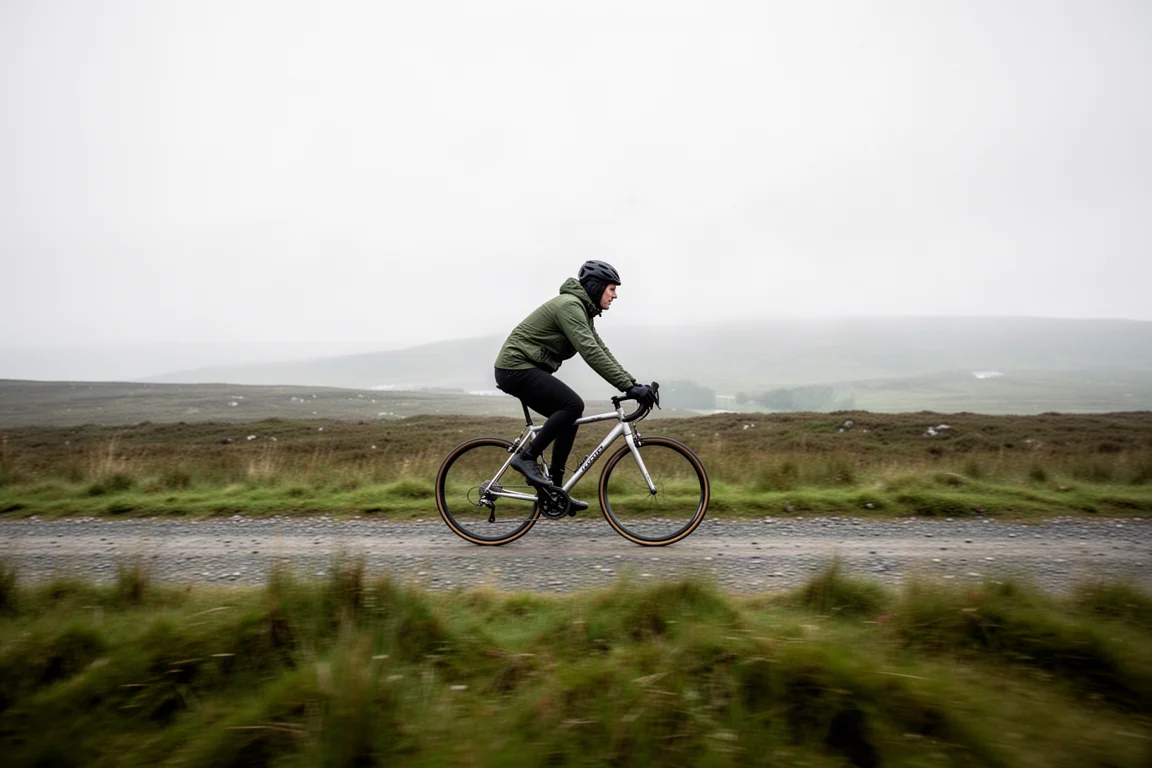 Cycliste roulant sur une route gravel à travers la lande dégagée sous un large ciel couvert