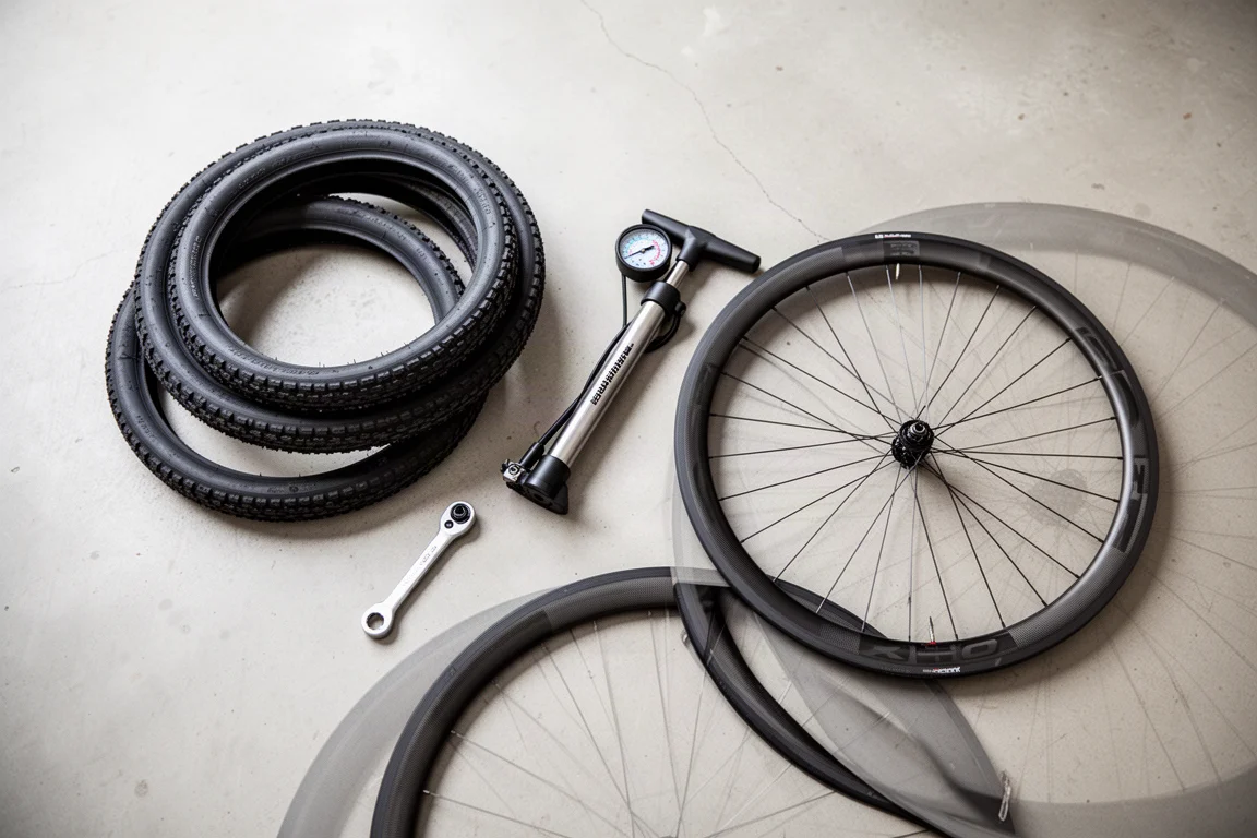 Vue de dessus à plat de pneus de vélo, d'une pompe à pied et d'une clé dynamométrique sur béton