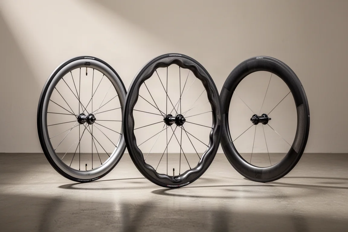 Tre ruote in carbonio per bici da strada in posizione verticale su un pavimento in cemento opaco