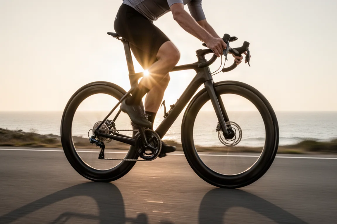 Rennradfahrer fährt schnell auf einer Küstenstraße mit Hochprofil-Carbon-Laufrädern