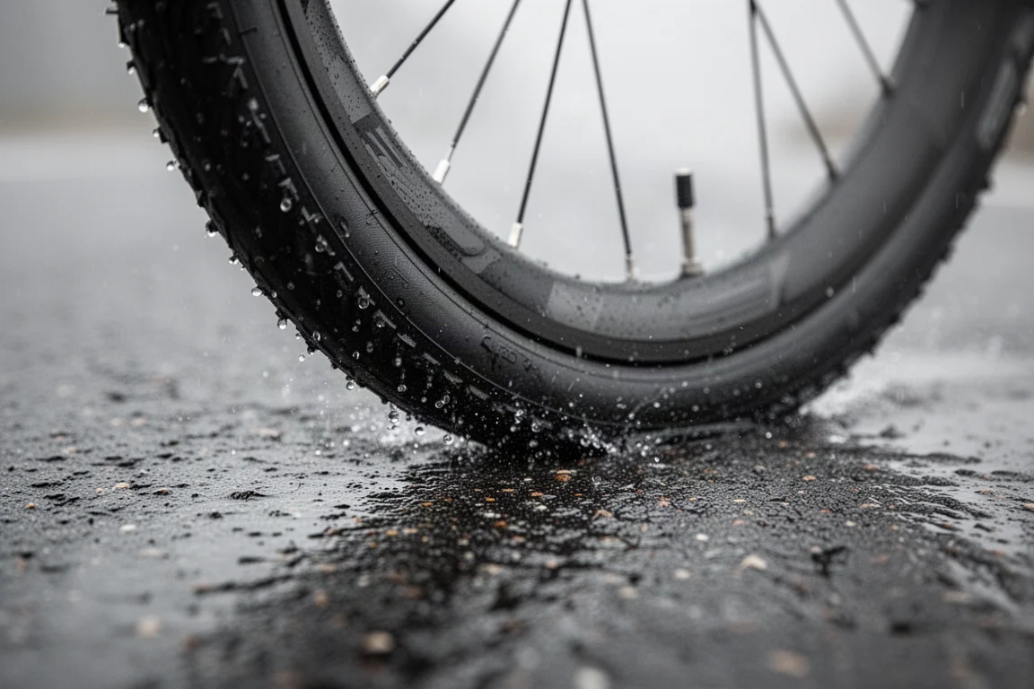 Nahaufnahme der Kontaktfläche eines Rennradreifens auf nassem Asphalt