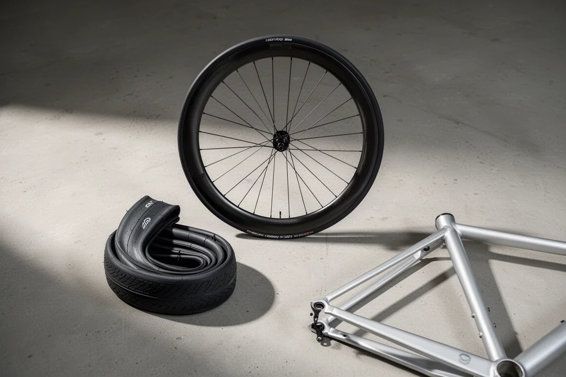 Hoogprofiel carbon racefietswiel, opgevouwen raceband en zilveren magnesium fietsframe op beton