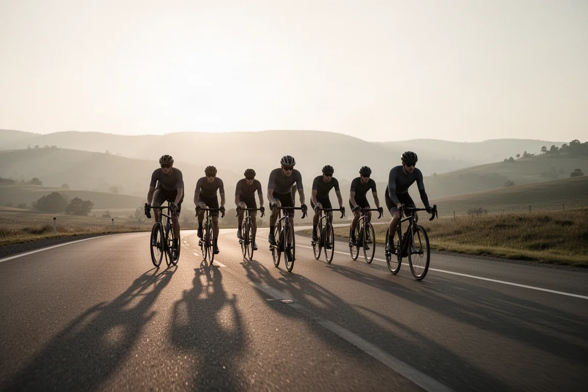 Road cyclists riding in a group on an open road at sunrise