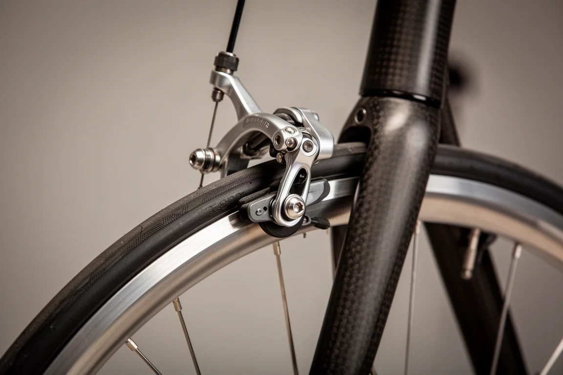 Close-up of a rim brake caliper on a carbon road bike frame