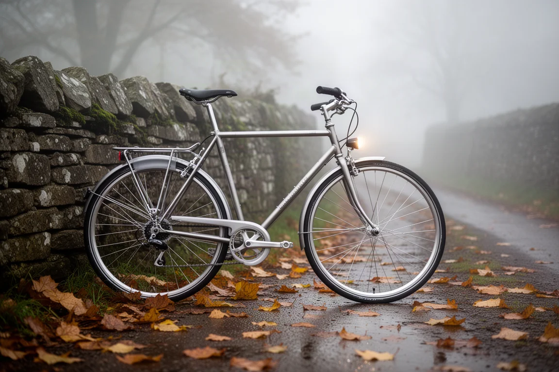 Steel road bike leaning against a stone wall on a misty country lane