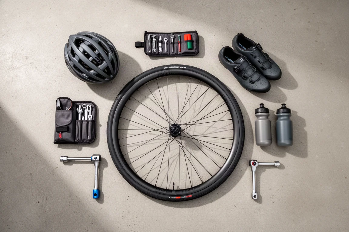 Overhead flat-lay of road cycling essentials on a concrete surface