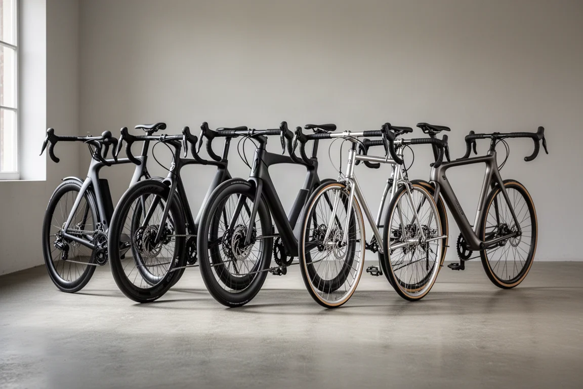 Six modern road bicycles lined up on a neutral concrete floor