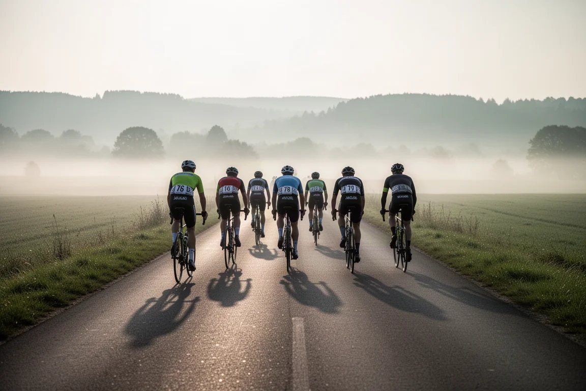 Un grupo de ciclistas de carretera rodando por una carretera abierta de campo al amanecer