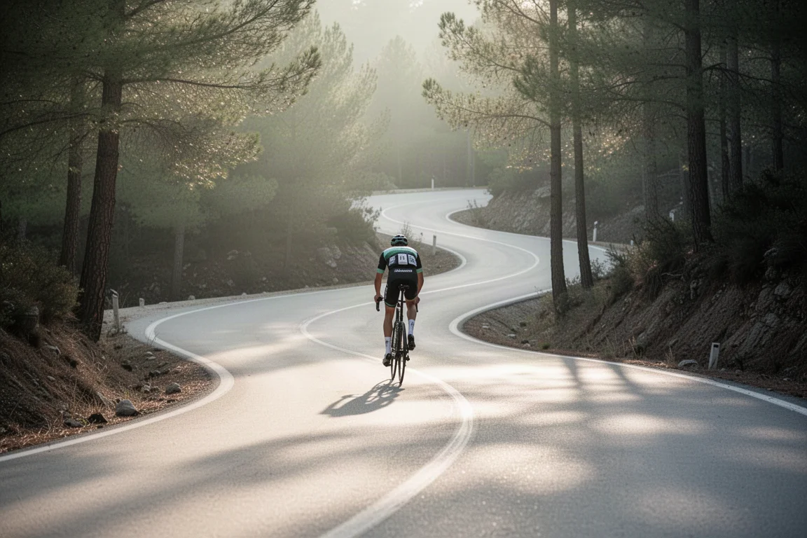 Un ciclista subiendo por una carretera de curvas cerradas con el sol bajo de la mañana