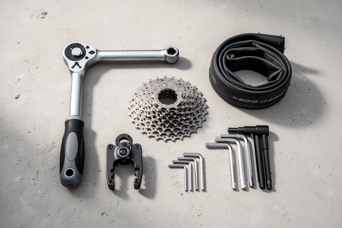 Vista superior plana de herramientas de ciclismo, un cassette, un neumático y llaves hexagonales