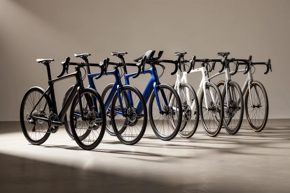 Zeven racefietsen op een rij op een betonnen ondergrond in zacht studiolicht