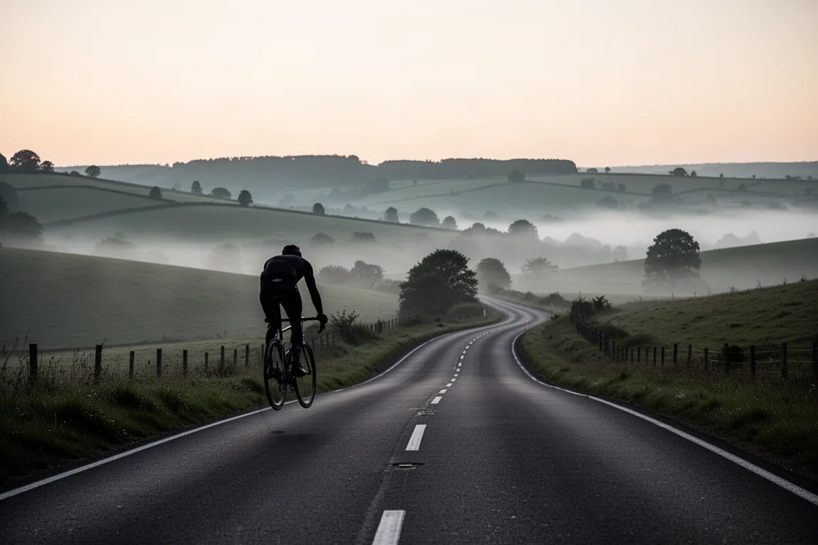 Road cyclist climbing a misty countryside road at dawn