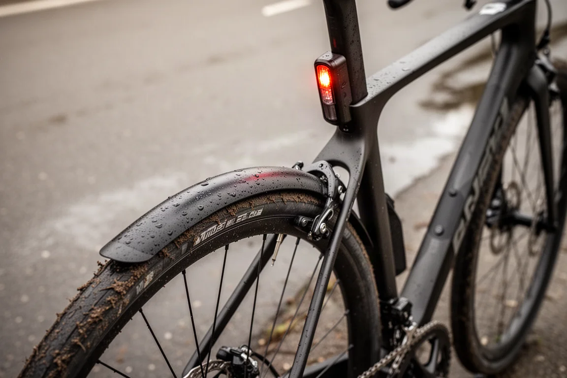 Endurance road bike at the roadside with mudguards and an integrated rear light
