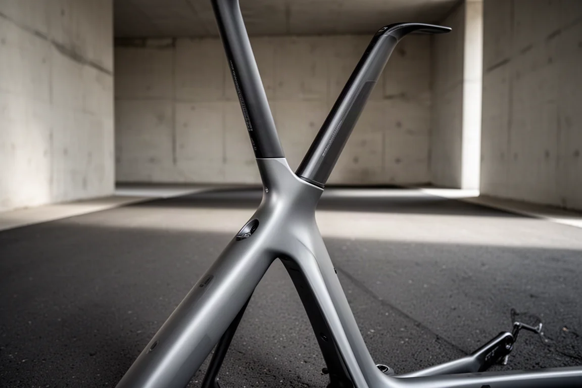 Low angle detail of an aerodynamic road bike frame on smooth asphalt