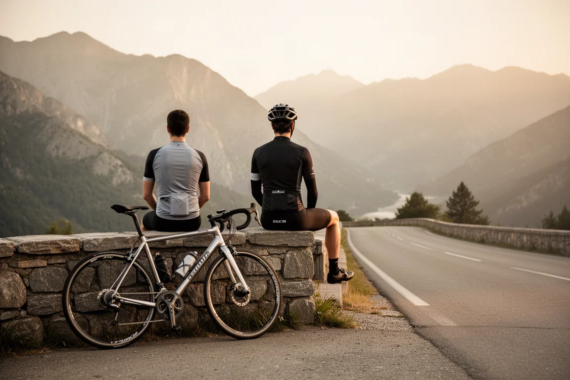 Road bike leaning against a stone wall at a mountain viewpoint