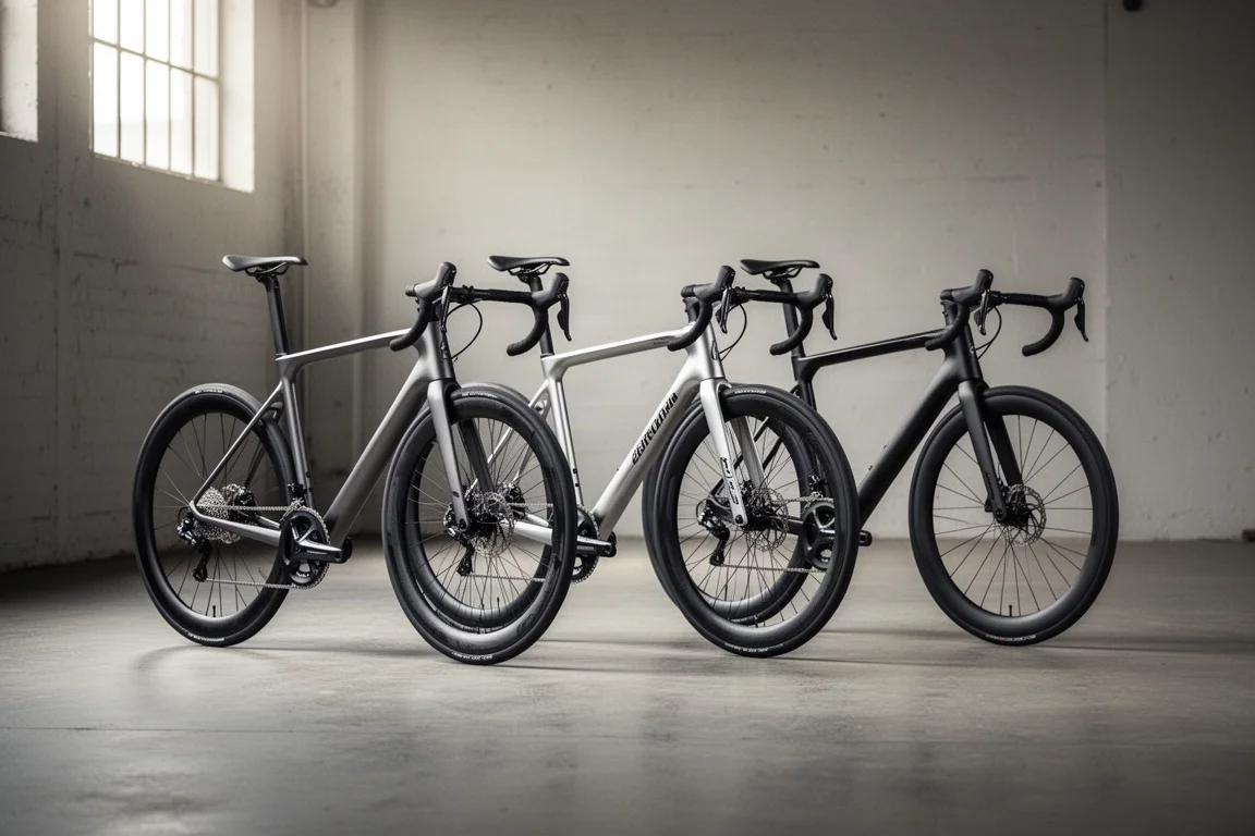 Drie moderne racefietsen naast elkaar op grijs beton in een industriële ruimte