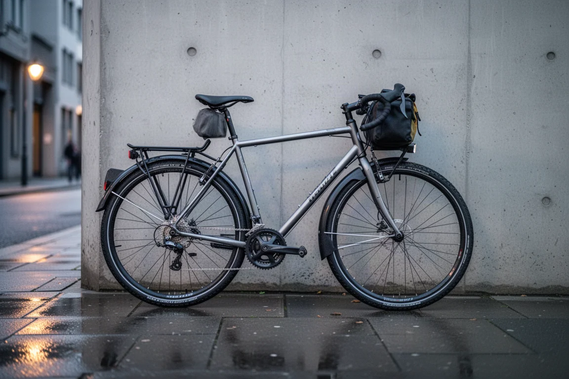 Stadsracefiets met spatborden en fietstassen geparkeerd aan een stadsstraat