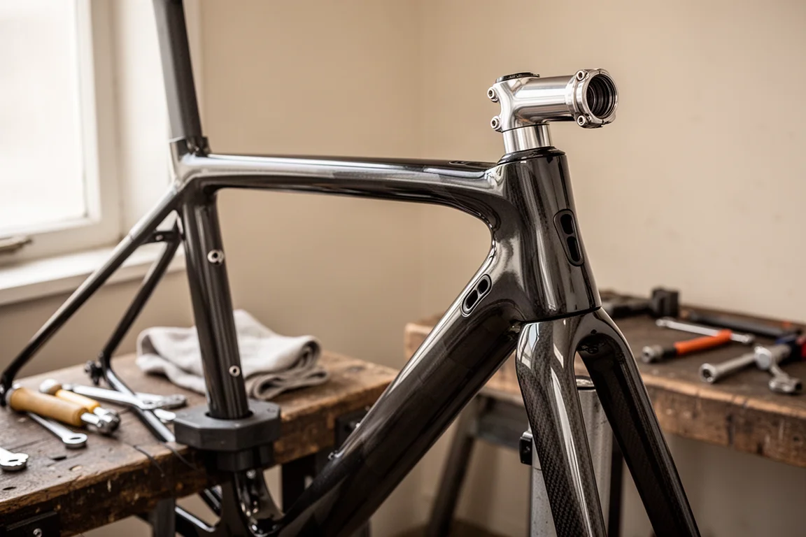 Close-up van een carbon racefietsframe in een werkstandaard met handgereedschap