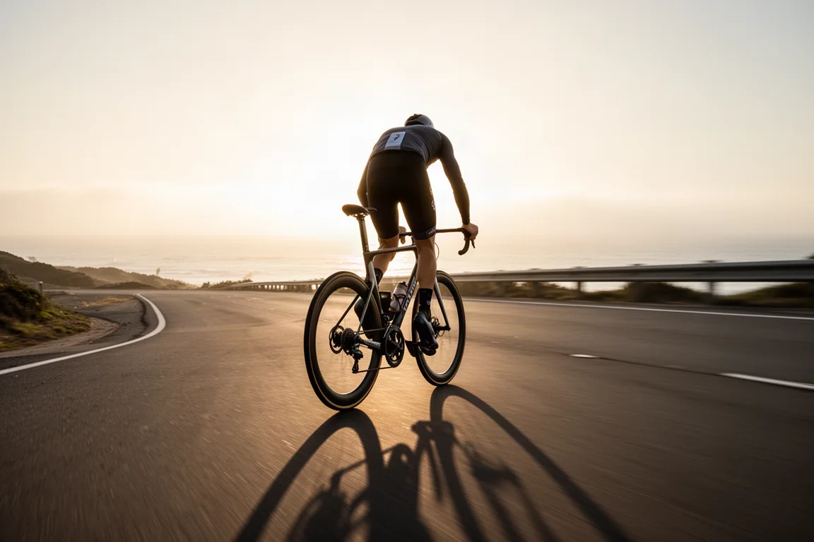 Vue de dessus à plat de composants de cyclisme sur route sur une surface en béton