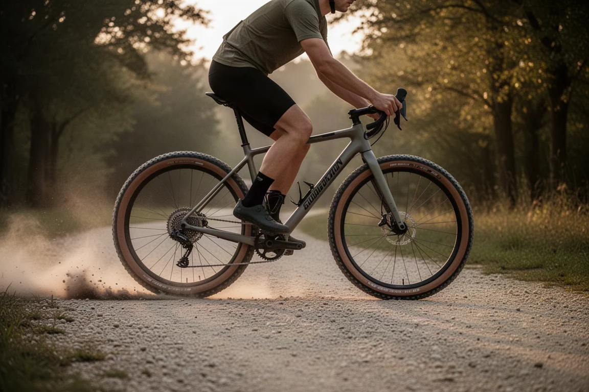 Cycliste en position aérodynamique sur une route côtière dégagée à l'aube