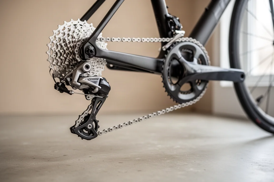 Primo piano della trasmissione di una bici da strada con catena e deragliatore posteriore in luce soffusa