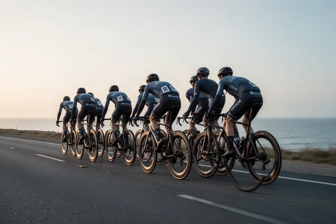 Gruppo di ciclisti su bici da strada che pedalano veloci in formazione su una strada costiera aperta