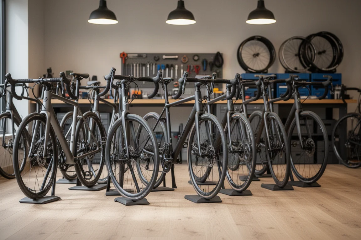 Interno di un negozio di bici con bici da strada allineate su supporti espositivi