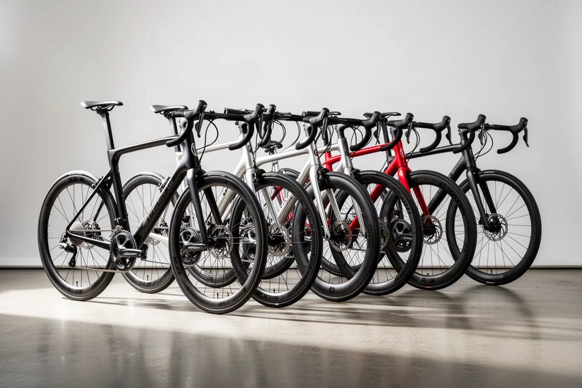 明るいスタジオで淡いグレーの背景に並ぶロードレーシングバイクの列