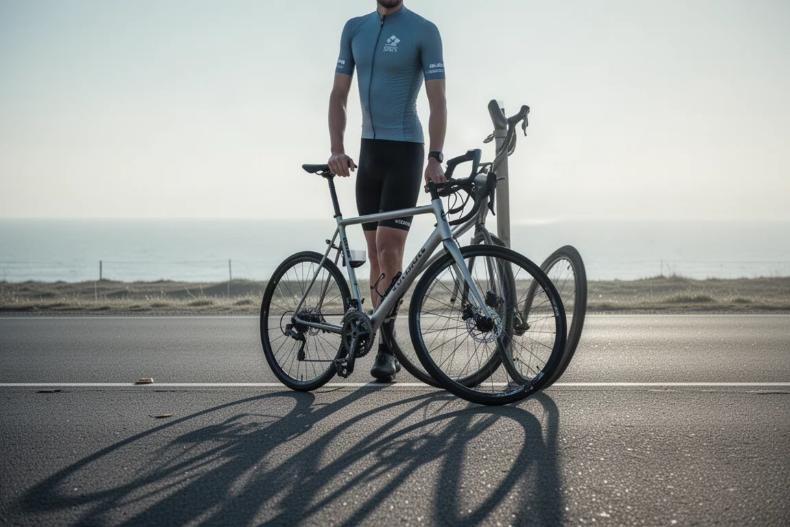 Fila di bici da strada appoggiate a un muro di cemento fuori da un negozio