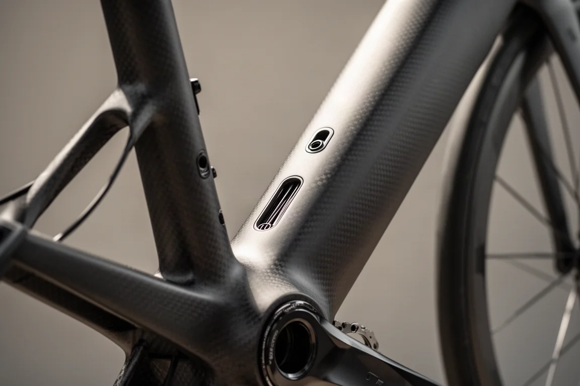 Close-up de um quadro de road bike mostrando passagens internas de cabos e superfície fosca