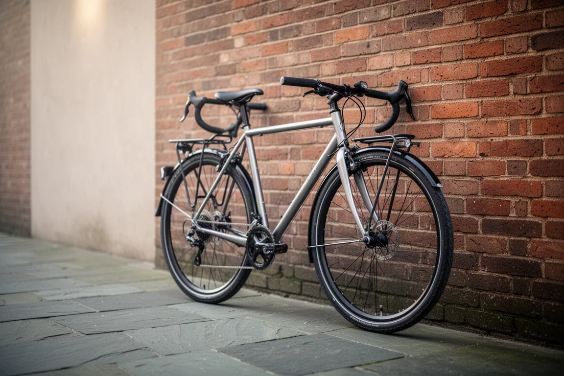 Road bike de commuting com para-lamas apoiada em uma parede de tijolos ao amanhecer
