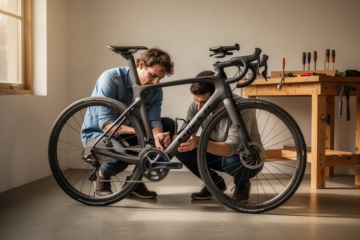 Ciclista inspecionando uma road bike de carbono usada em uma oficina caseira