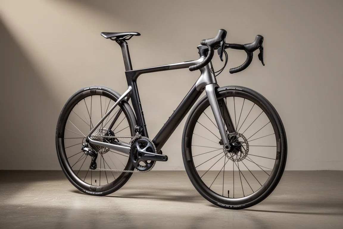Moderne carbon racefiets in driekwartaanzicht op een betonnen ondergrond