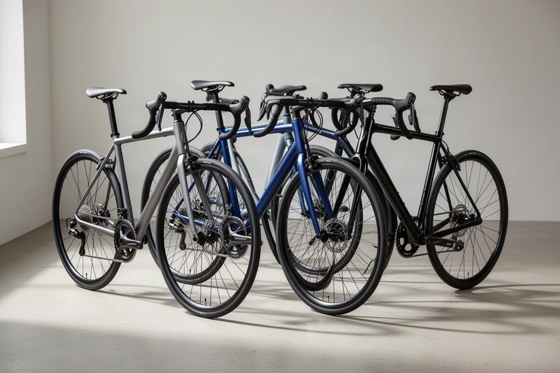 Three road bikes in carbon and alloy finishes lined up against a concrete wall