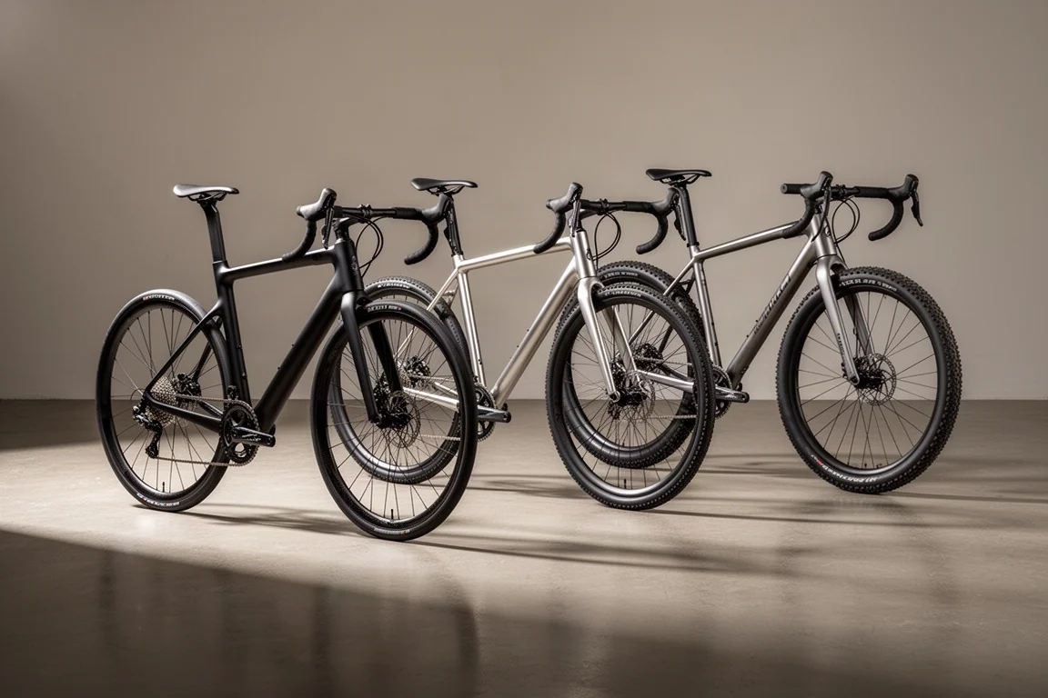Drie racefietsen op een matte betonnen vloer onder zacht studiolicht