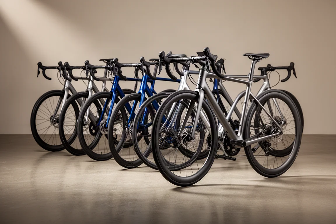Een rij moderne carbon racefietsen met schijfremmen in een heldere studio