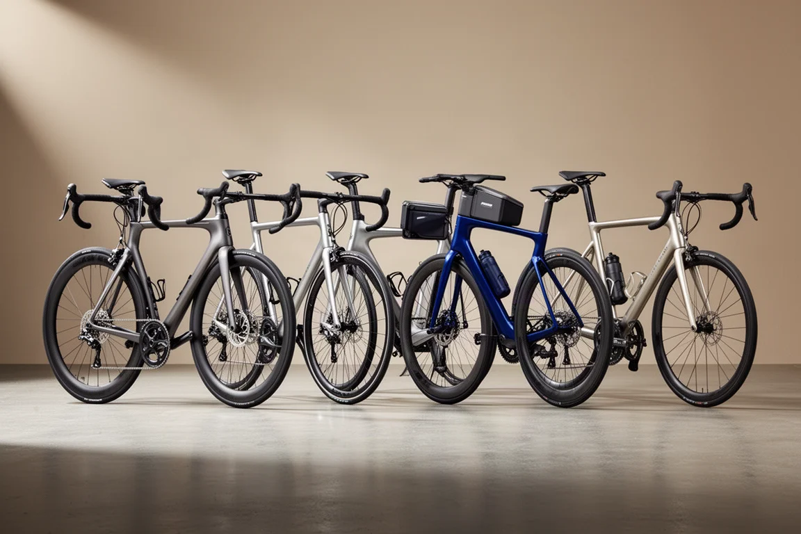 Opstelling van vier high-end racefietsen op glad beton in zacht studiolicht