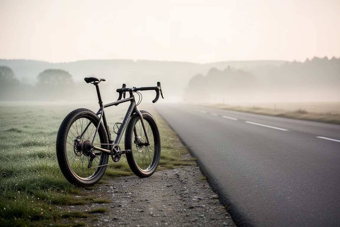 Rennrad mit breiten Reifen, das bei Sonnenaufgang neben einem Schotterweg abgestellt ist