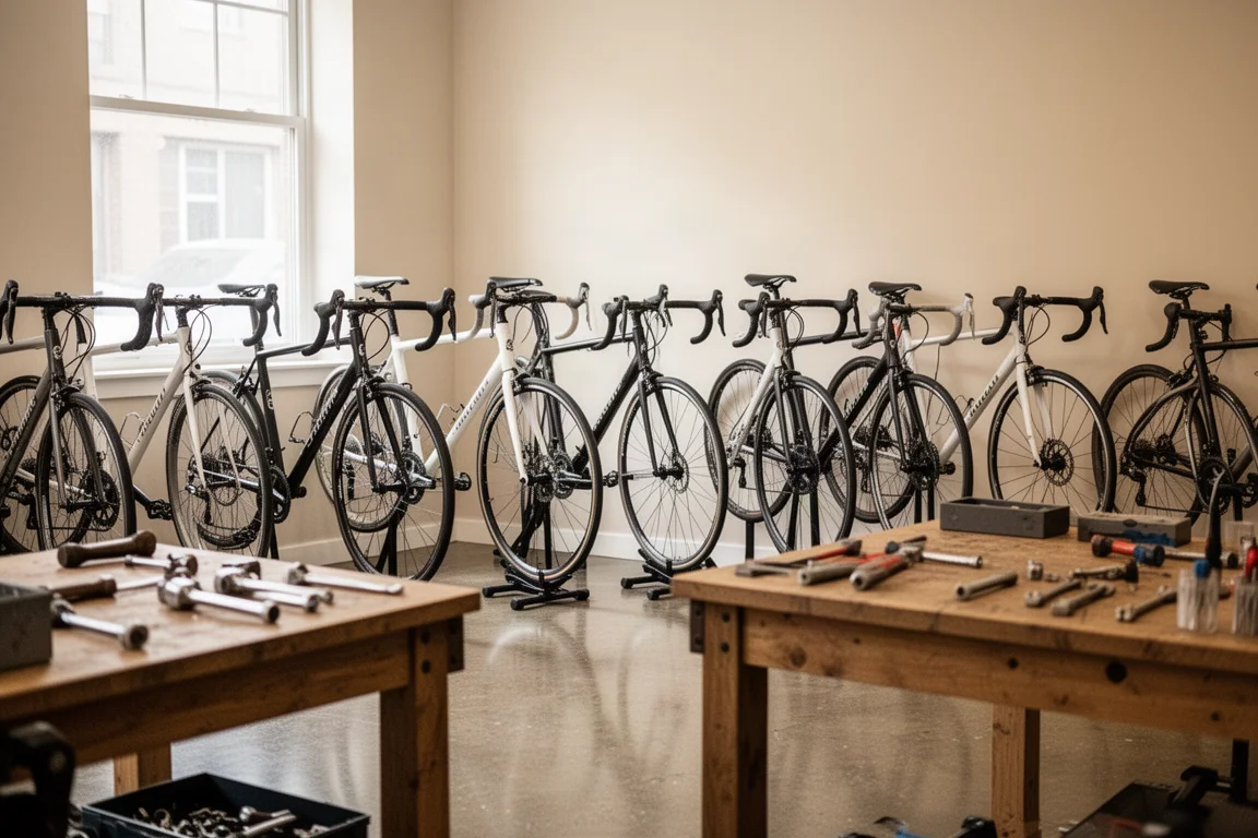 Innenraum eines kleinen Fahrradladens mit Rennrädern auf Ausstellungsständern