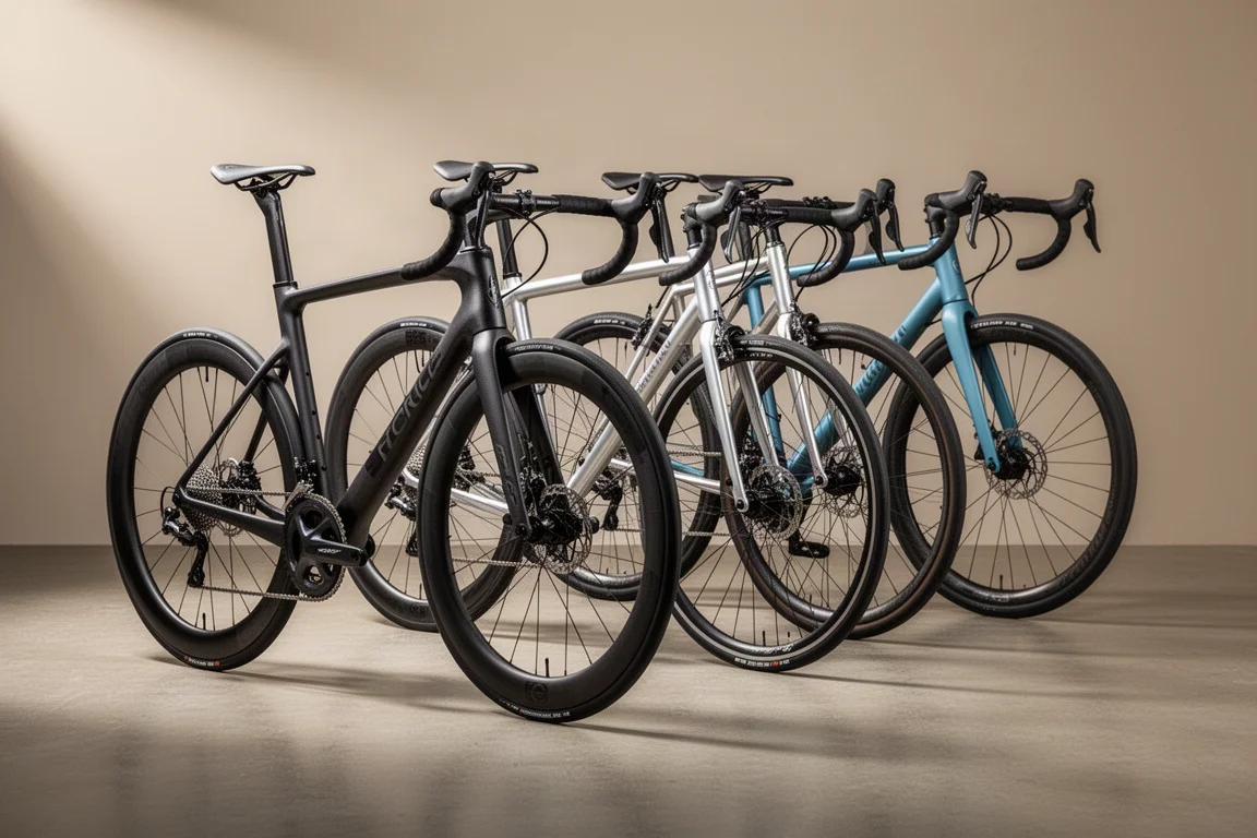 Rij racefietsen op een betonvloer, van carbon racefiets tot endurance-model