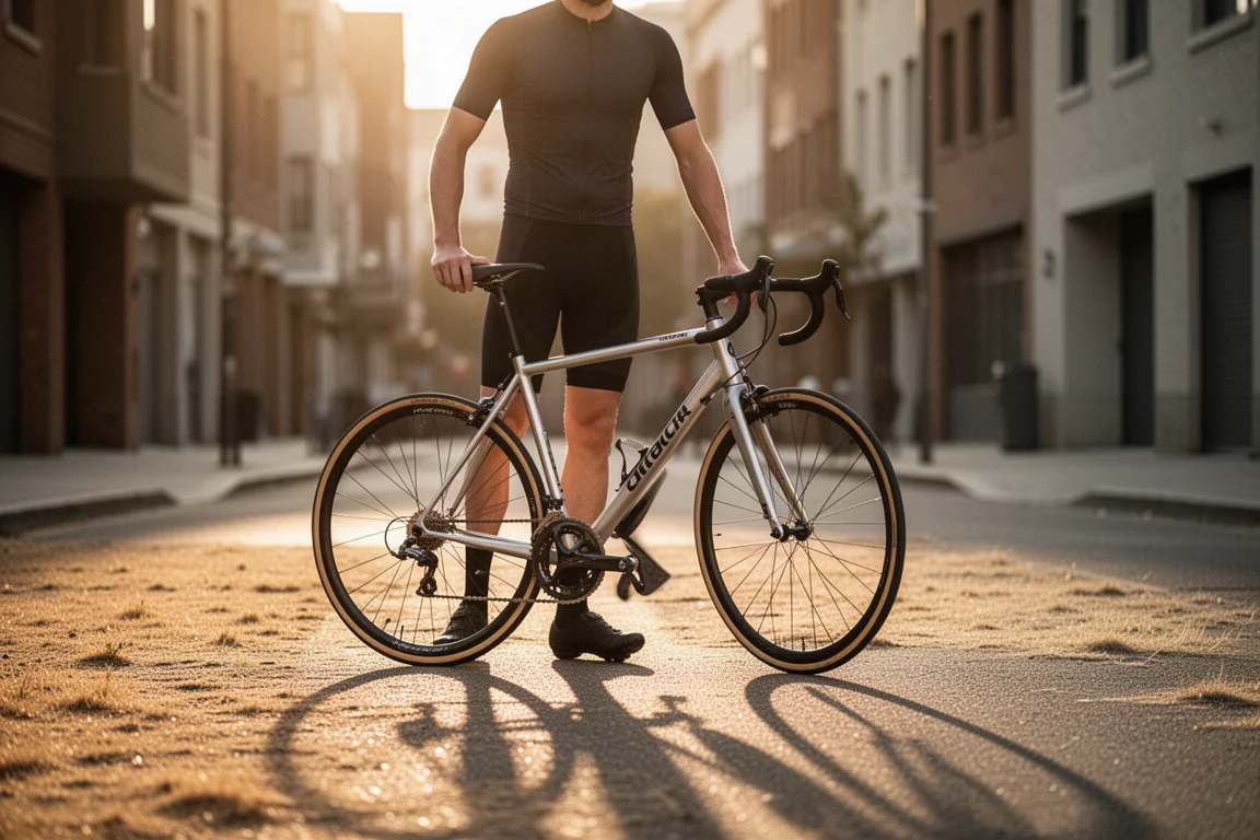 Ciclista in piedi accanto a una bici da strada in alluminio su una strada cittadina durante l'ora d'oro