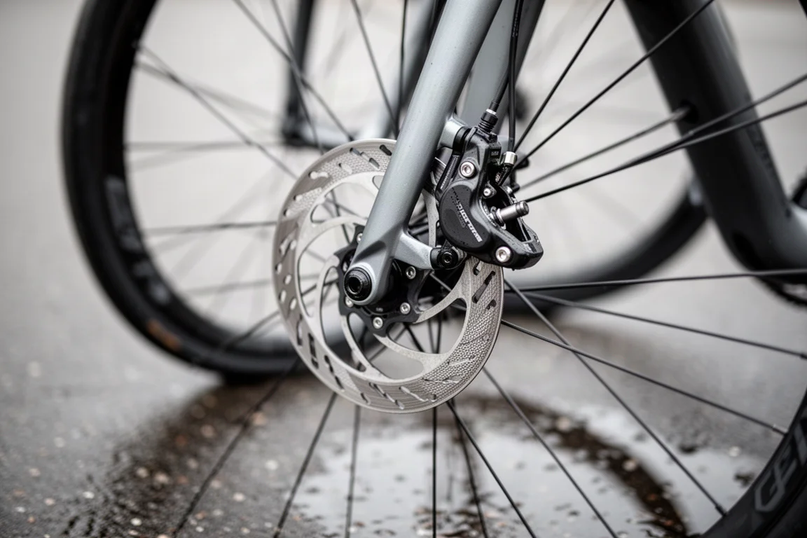 Primo piano di una pinza freno a disco idraulica e del rotore su una ruota di bici da strada