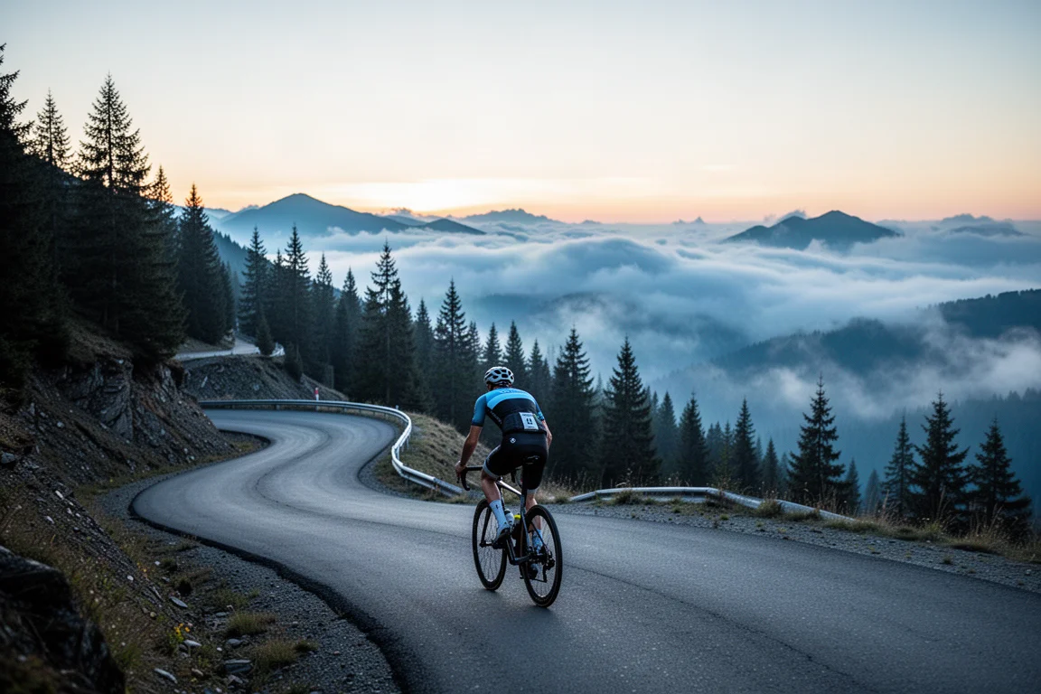 Ciclista su strada che sale su un tornante di montagna all'alba tra i pini