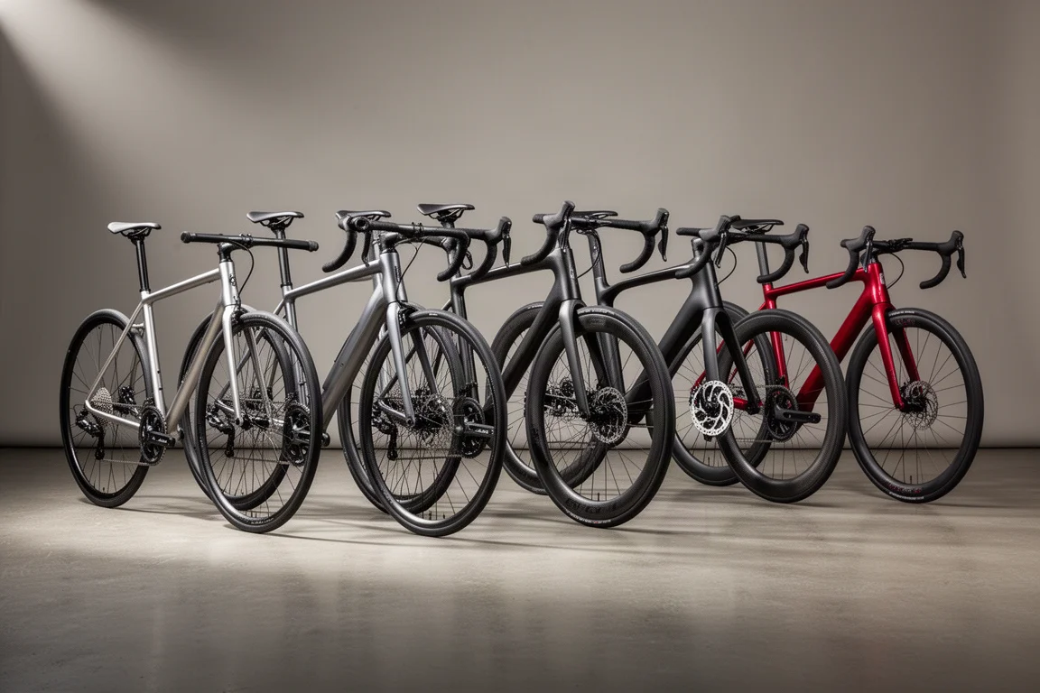 Row of six road bikes from alloy budget builds to carbon race machines on a neutral backdrop