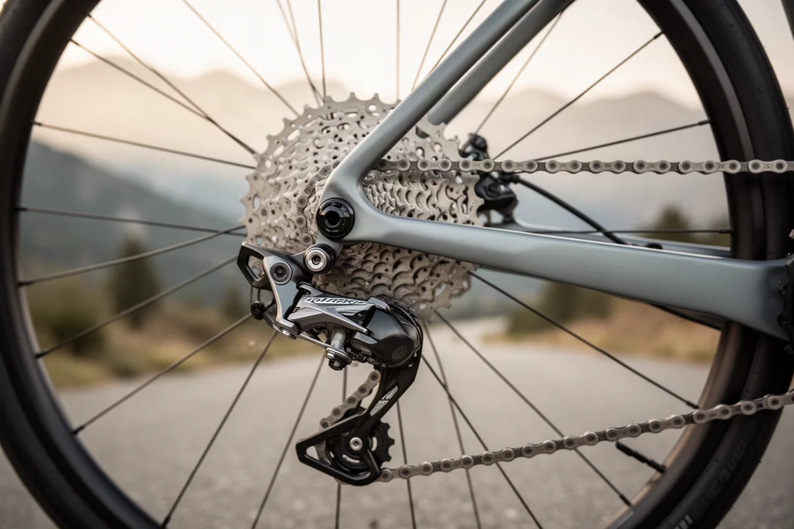 Primer plano de una pinza de freno de llanta de bicicleta de carretera agarrando una llanta de aluminio pulida
