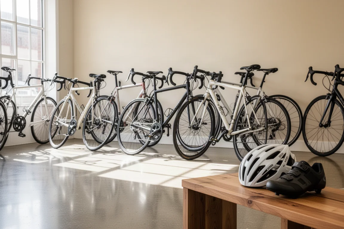 Bicicletas de carretera apoyadas contra una pared de piedra fuera de una cafetería rural