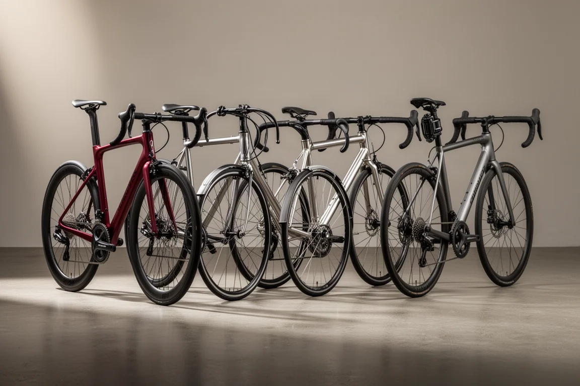 Three road bikes with carbon, steel and brushed metal frames on a concrete floor