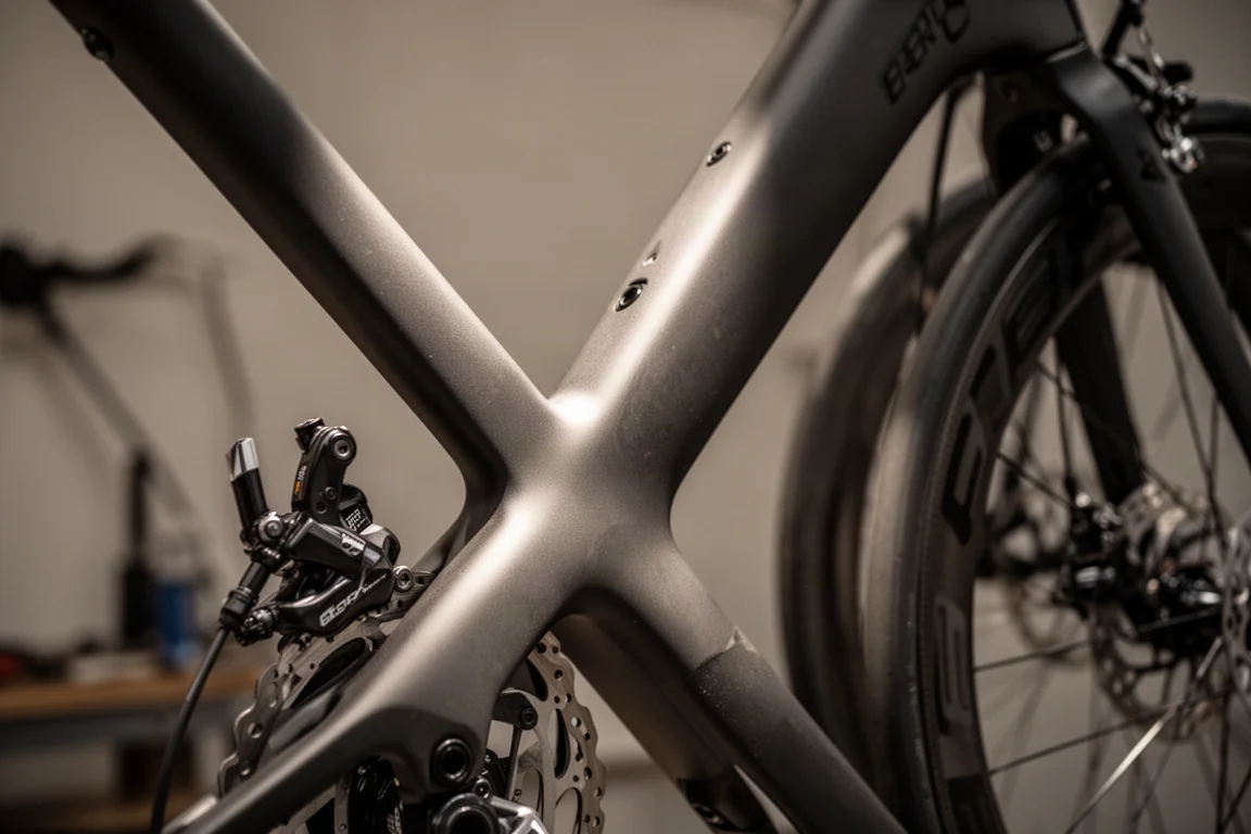 Close-up da junção do quadro de uma bike de estrada aerodinâmica com pinça de freio a disco e aro profundo